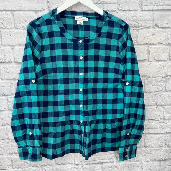 Vineyard Vines Blue Plaid Button Down Flannel Shirt Size 12 Peplum Hem Roll Tab - Picture 2 of 7